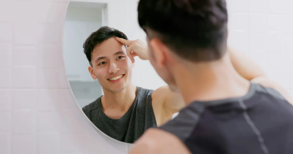 Image of a young man smiling at his reflection, exploring what is robotic hair transplant for his grooming routine