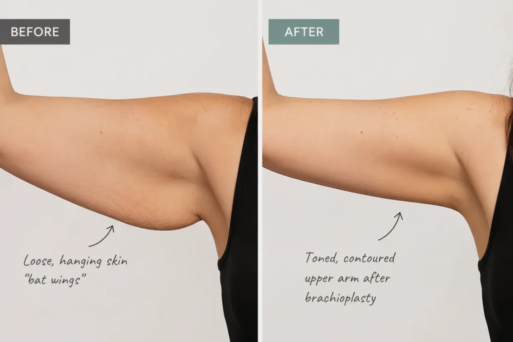 Image of bat wings before and after brachioplasty, showing arm lift vs arm liposuction results