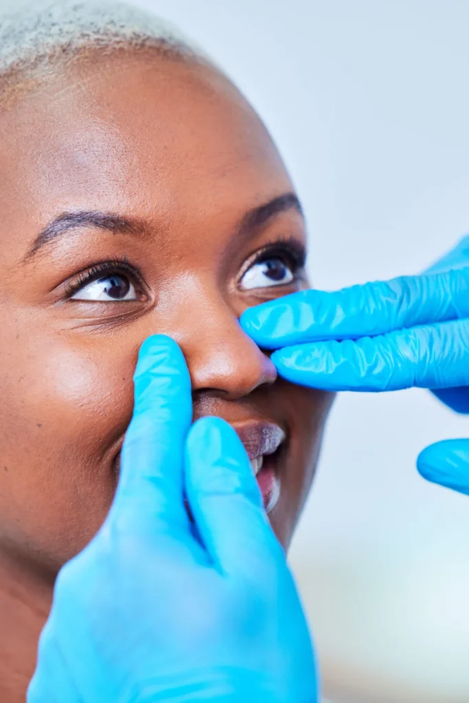 Gloved hands touching nose after bulbous nose tip surgery