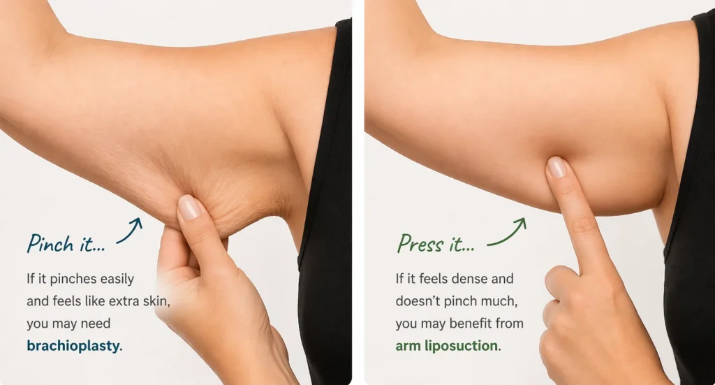 Image of pinch and press self-test to determine arm lift vs arm liposuction candidacy