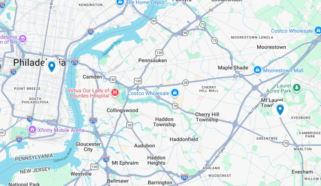 Map highlighting Philadelphia and Cherry Hill for professional plastic surgeon