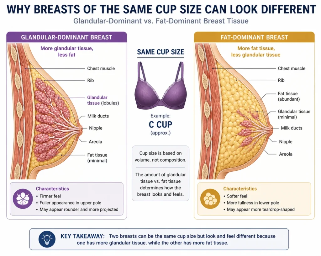 Infographic of glandular vs fat-dominant breast tissue explaining what causes big breasts to look different