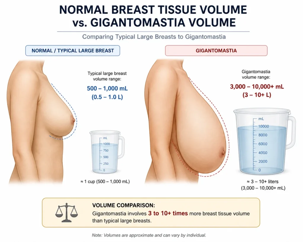 Infographic of normal breast tissue volume vs gigantomastia, showing what causes big breasts in extreme cases