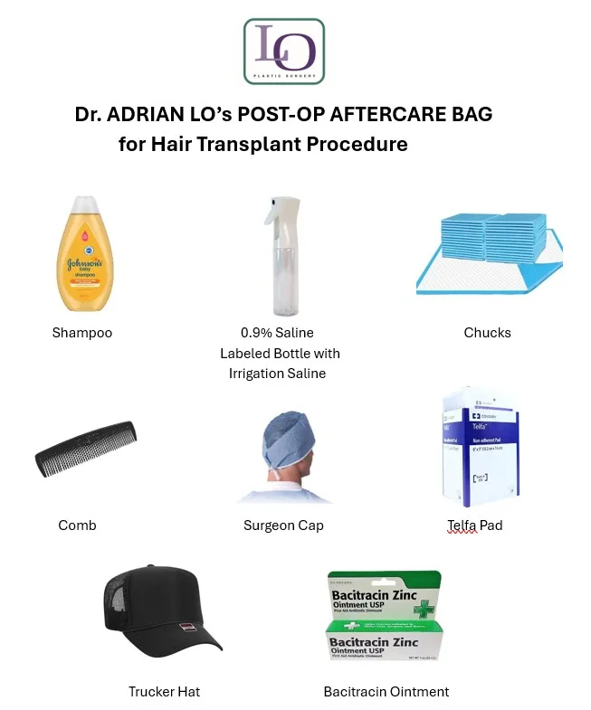 Image of Dr. Adrian Lo_s post-op hair transplant aftercare bag items including shampoo, saline bottle, chucks, comb, surgeon cap, Telfa pad, hat, and Bacitracin