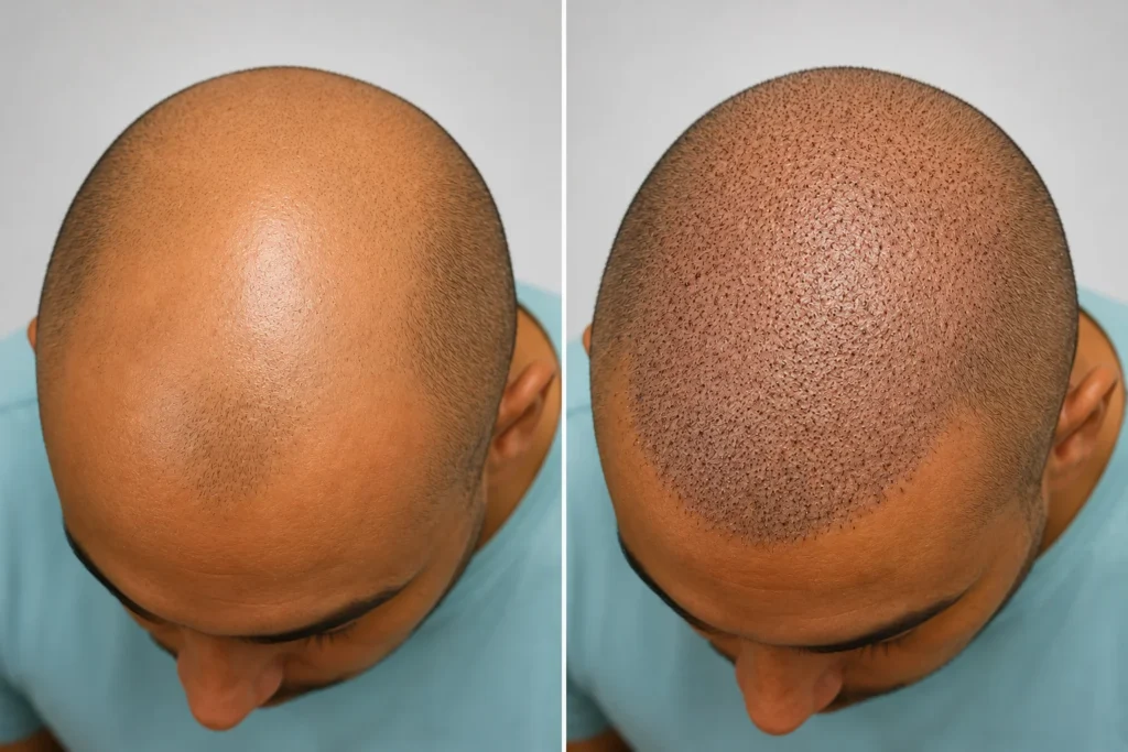 Image of a male scalp before and after hair transplant post operative procedure showing graft implantation sites