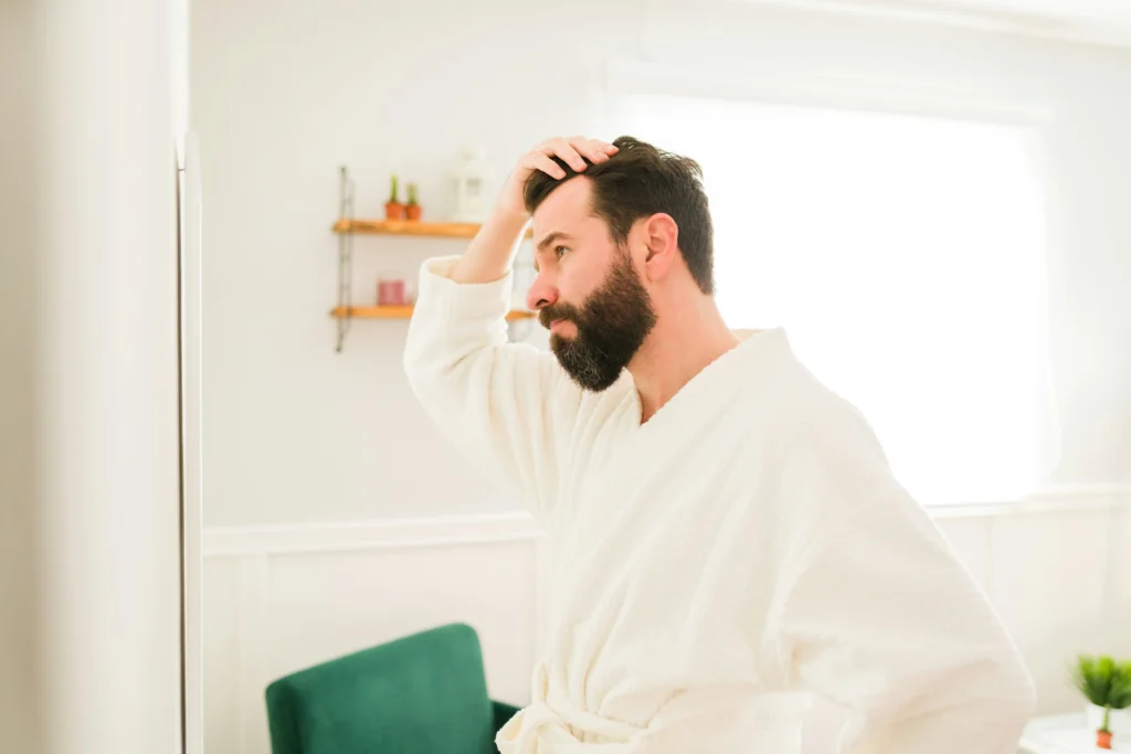 Image of a man examining his hair in a mirror while considering how long hair transplant surgery takes to complete