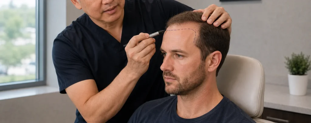 Image of a plastic surgeon drawing a hairline on a seated patient before hair transplant surgery in Philadelphia