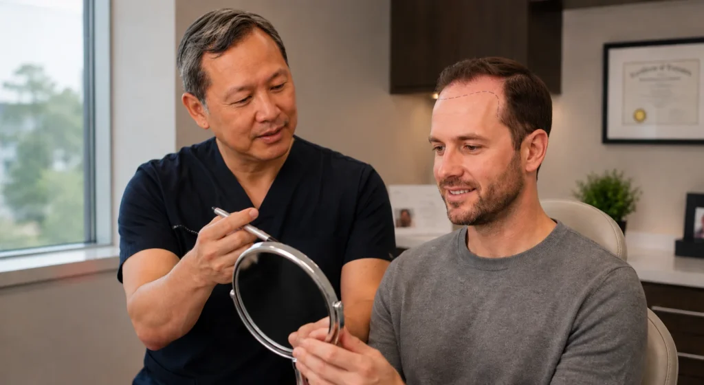 Image of a plastic surgeon reviewing a hairline design with a patient to plan how long hair transplant surgery takes