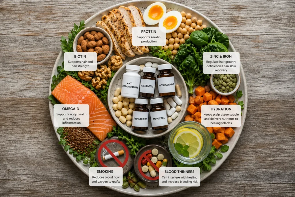 Image of hair transplant post operative nutrition and medications including protein sources, omega-3 foods, and prescribed treatments