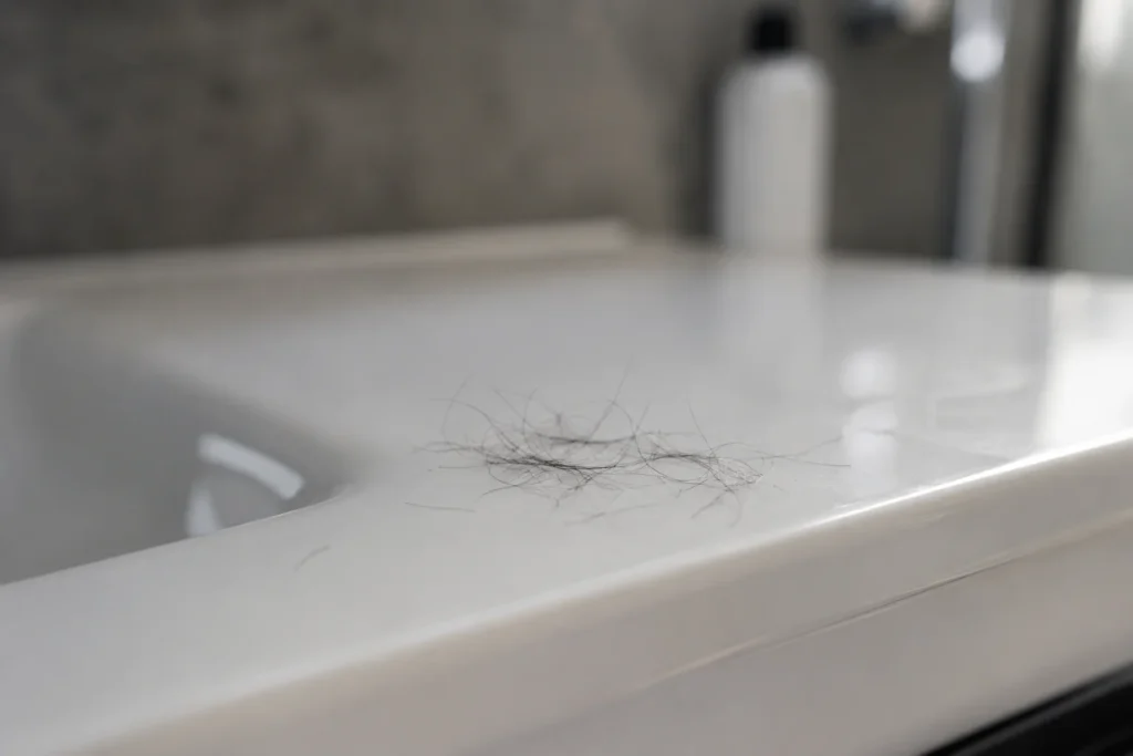 Image of shed hair strands on a bathroom sink illustrating normal shock loss after a hair transplant