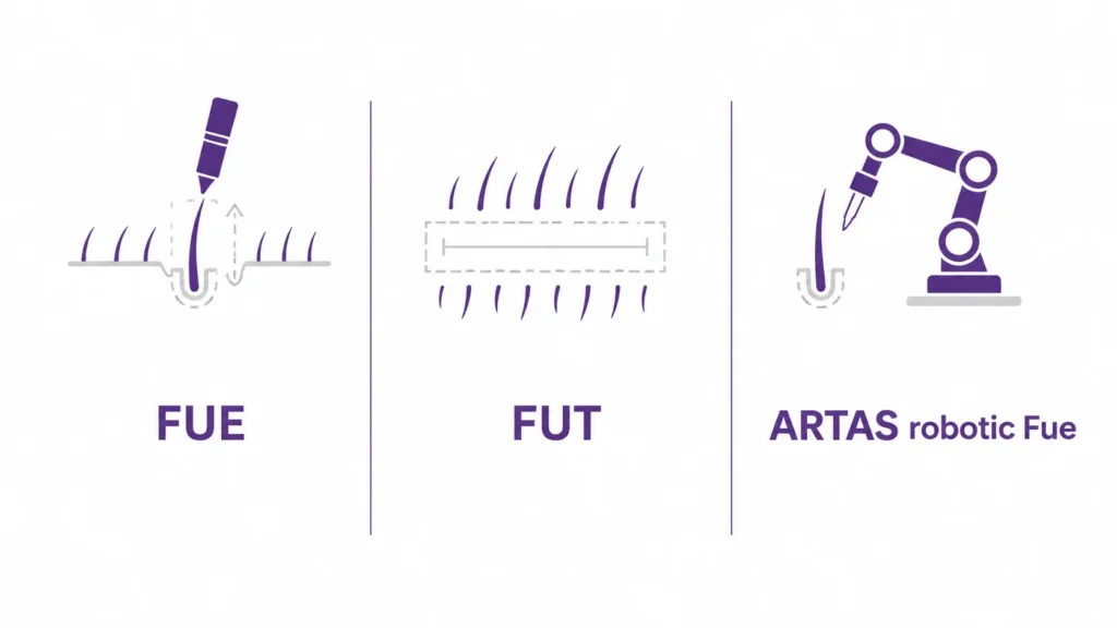 Infographic of FUE, FUT, and ARTAS robotic FUE techniques showing how long hair transplant surgery takes by method