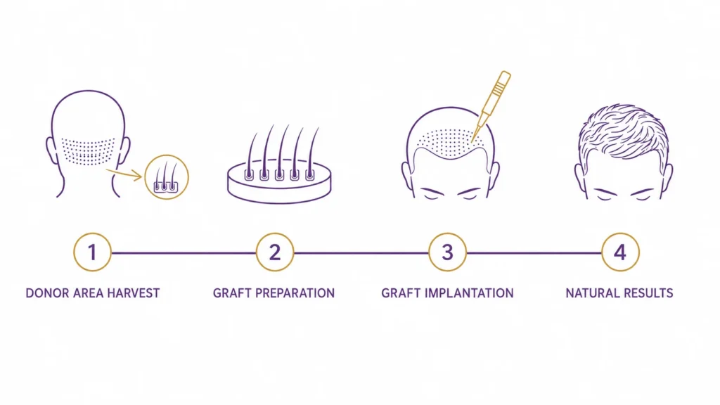 Infographic of the four phases of hair transplant surgery including donor harvest, graft preparation, and implantation