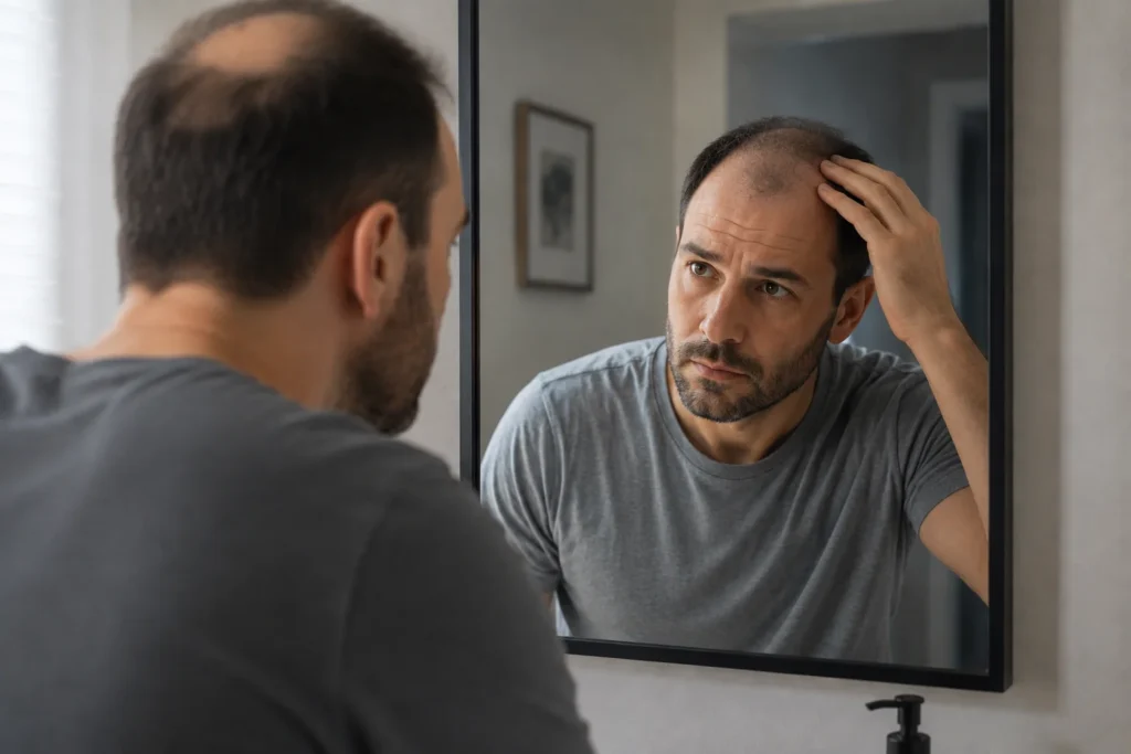 image of man examining hair loss in bathroom mirror considering hair loss treatment in Philadelphia