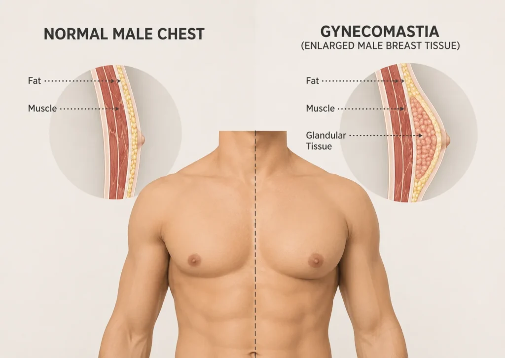image of normal male chest vs gynecomastia glandular tissue comparison diagram