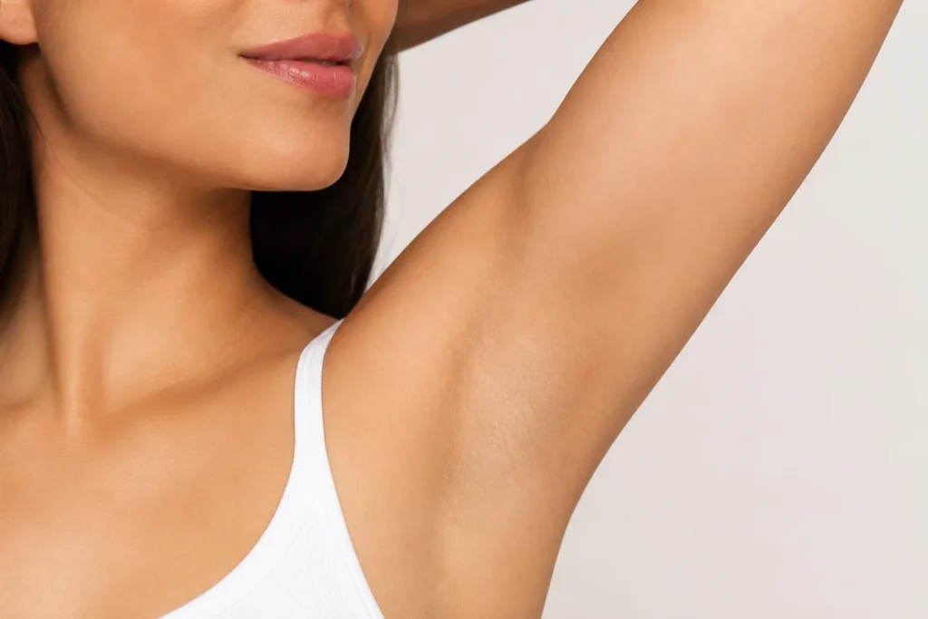 image of woman showing clean armpit area after transaxillary breast augmentation incision placement