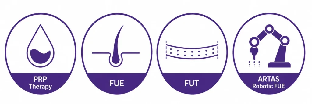 infographic of hair loss treatment Philadelphia options including PRP therapy FUE FUT and ARTAS robotic FUE