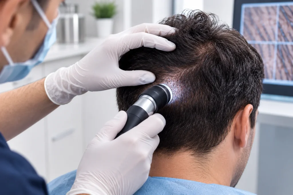 Image of doctor examining scalp to determine if people with alopecia can get hair transplants