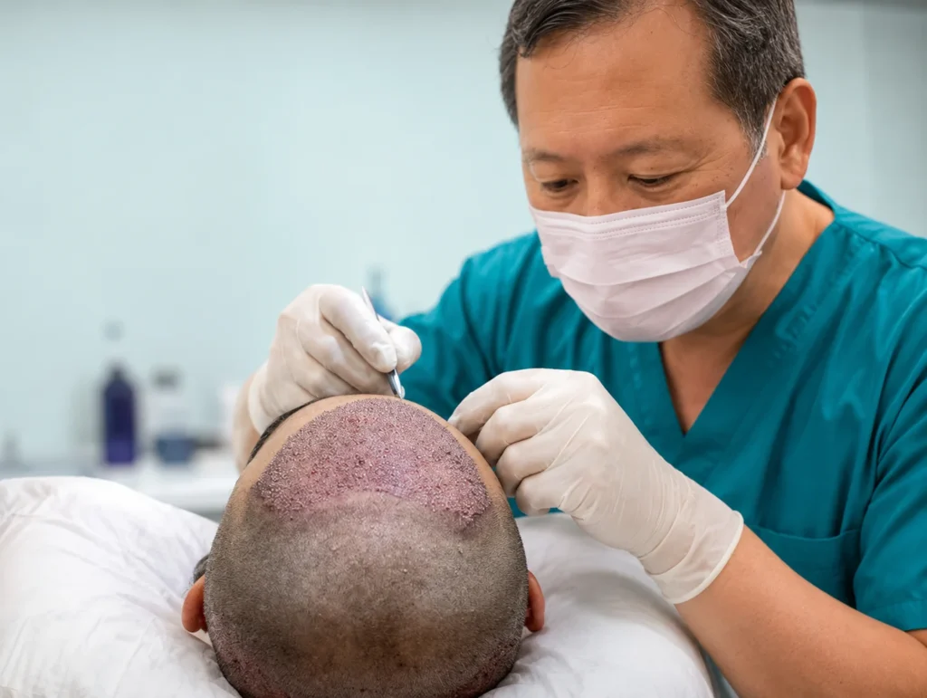 Image of plastic surgeon performing hair transplant, showing how painful is hair transplant surgery