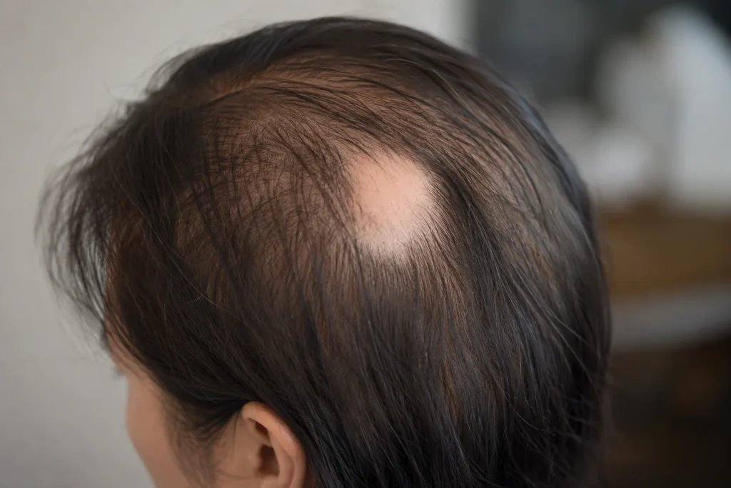 Image of round bald patch on scalp consistent with alopecia areata