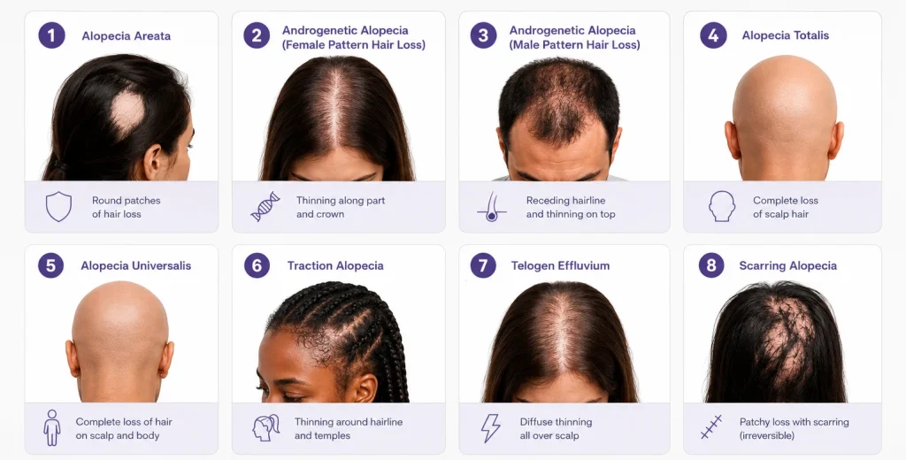 Image of types of alopecia including areata, androgenetic, totalis, and traction hair loss