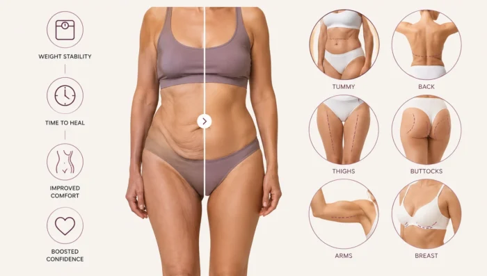 Infographic of plastic surgery after weight loss New Jersey treatment areas and benefits
