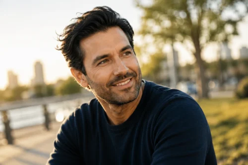 image of a confident man outdoors after hair restoration treatment