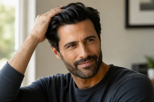 image of a man satisfied with ARTAS robotic hair transplant cost after full recovery