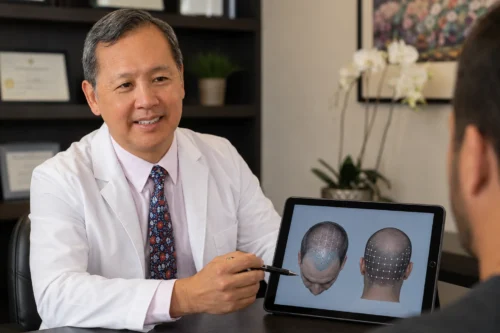 image of a plastic surgeon reviewing a scalp mapping plan with a patient