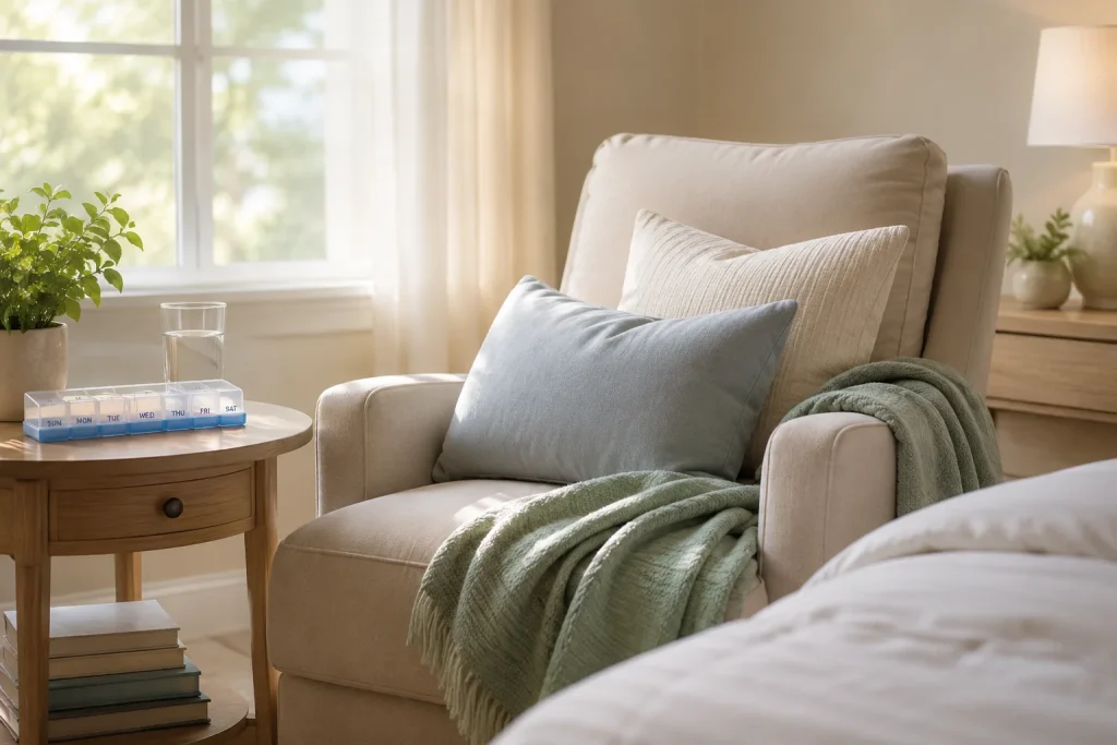 image of comfortable breast reduction recovery setup with pillows and medication organizer