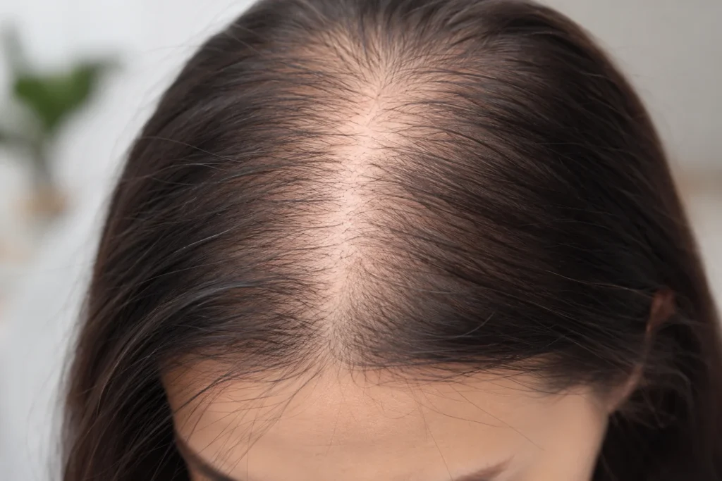 image of female scalp showing diffuse hair thinning and hair loss pattern in women