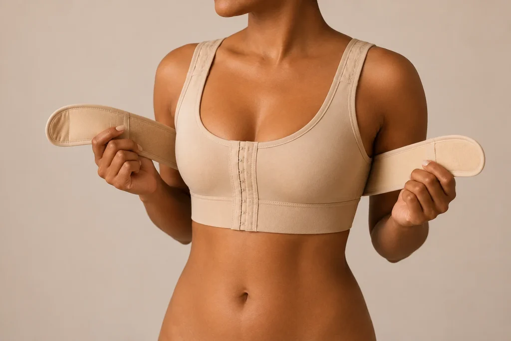 image of surgical compression bra worn during breast reduction recovery