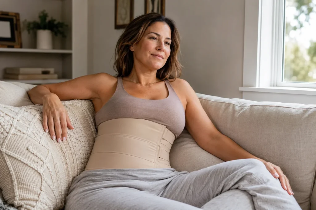 image of woman resting at home in abdominal compression garment after liposuction recovery