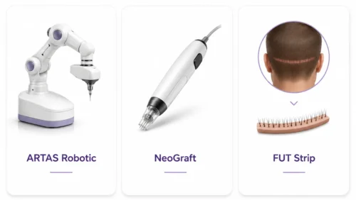 infographic comparing ARTAS robotic, NeoGraft, and FUT strip hair transplant methods