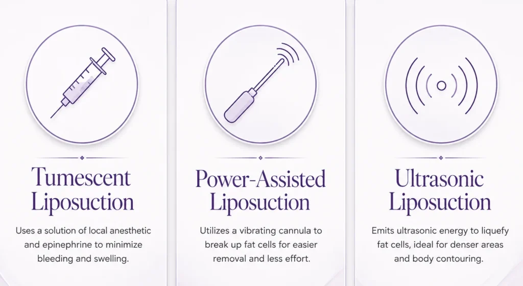 infographic of three liposuction technique types that affect how much does liposuction hurt during recovery