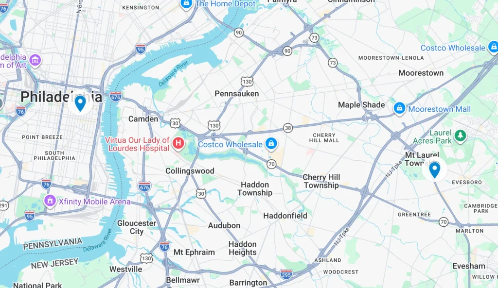 map of Dr. Adrian Lo's service area in Cherry Hil and Philadelphia for plastic surgery for hair loss