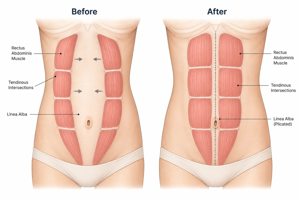 Image of diastasis recti repair showing rectus abdominis muscles before and after tummy tuck plication