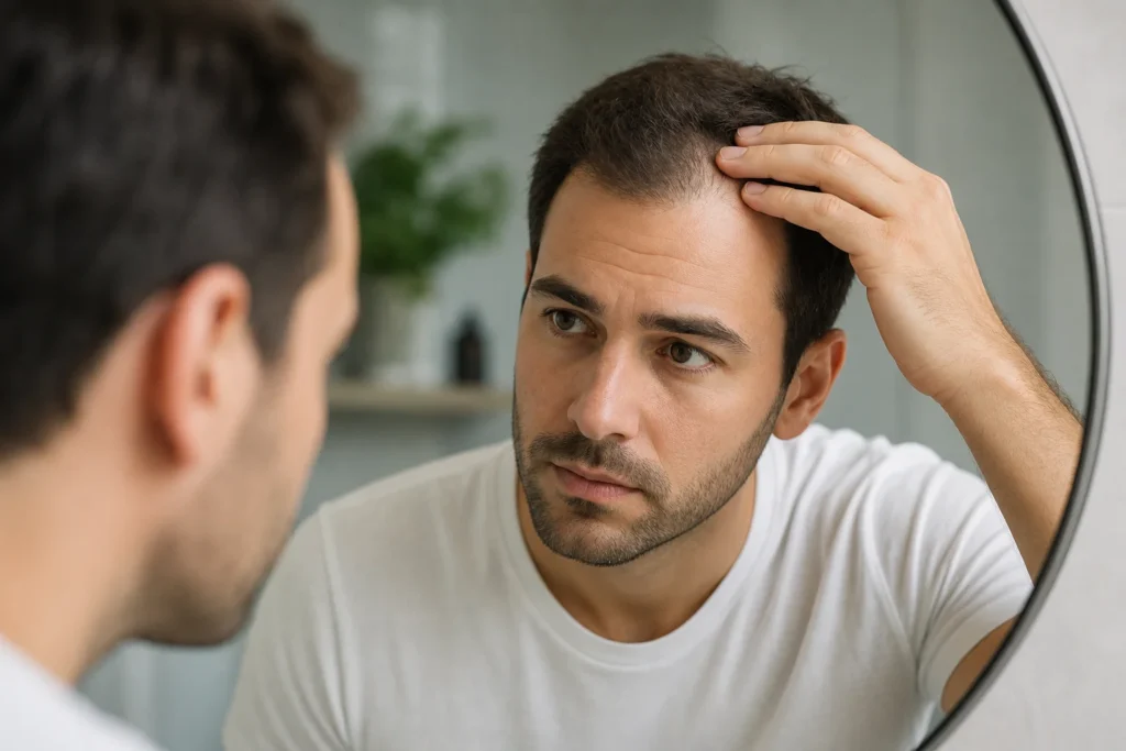 Image of man checking thinning hairline before deciding when should you get a hair transplant