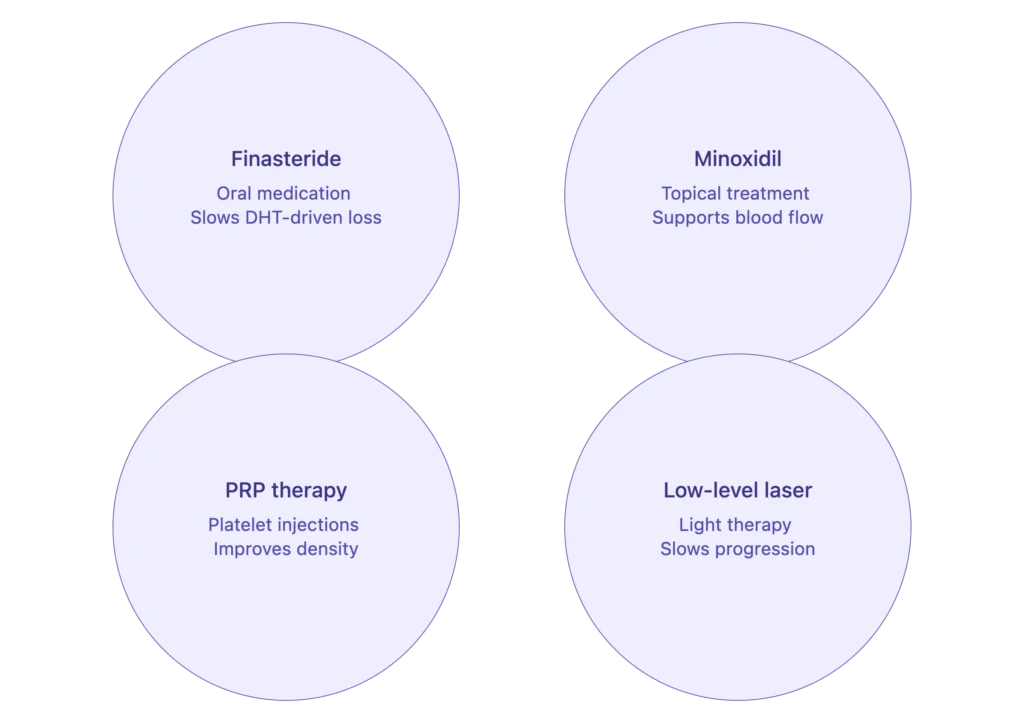 Infographic of finasteride, minoxidil, PRP, and laser therapy for hair loss