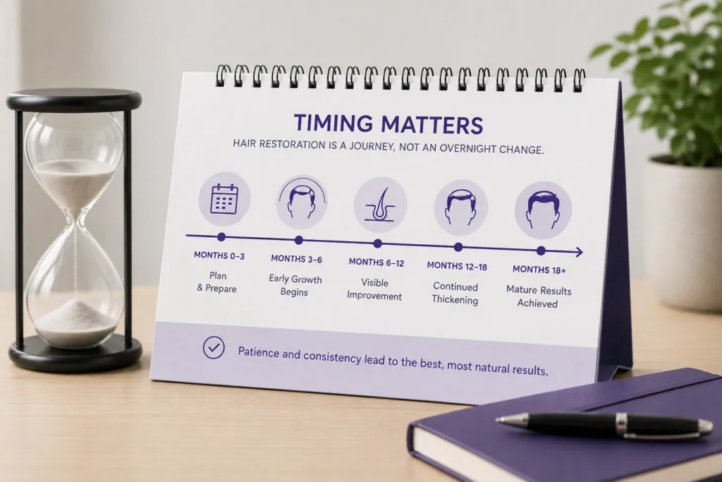 Infographic of hair transplant recovery timeline from surgery to full results