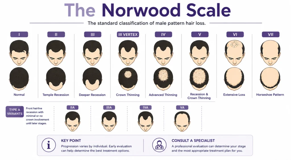 Infographic of the Norwood Scale showing stages of male pattern hair loss