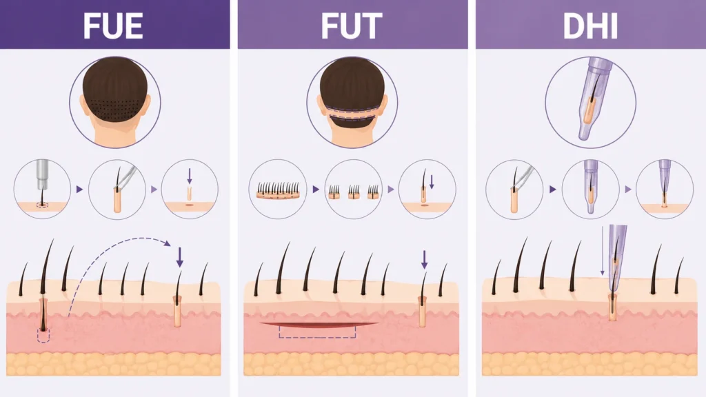 Infographic of what is the best hair transplant procedure comparing FUE vs FUT vs DHI