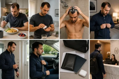 image of a patient following morning-of routine steps for hair transplant surgery day