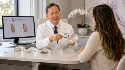 image of a plastic surgeon consultation reviewing breast implant options with a patient