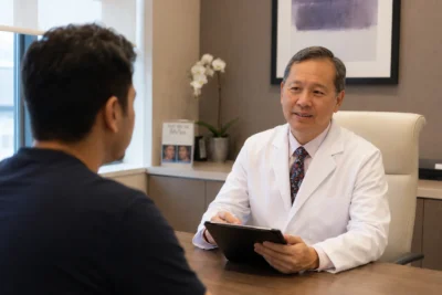 image of a plastic surgeon reviewing a gynecomastia treatment plan with a patient