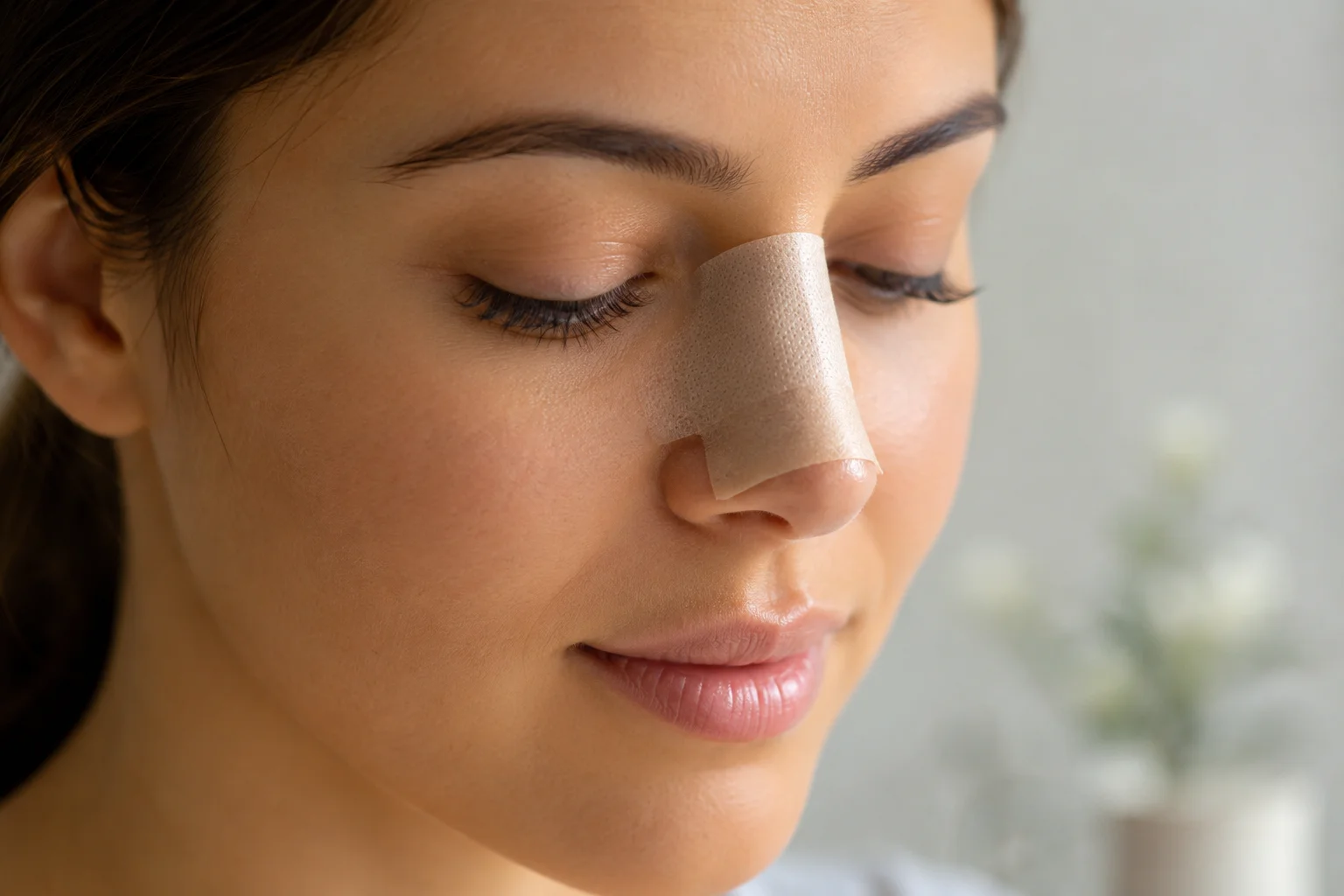 image of a woman recovering from rhinoplasty near Cherry Hill with a nasal splint