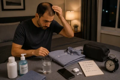 image of night-before hair transplant checklist with Hibiclens wash and prepared clothing