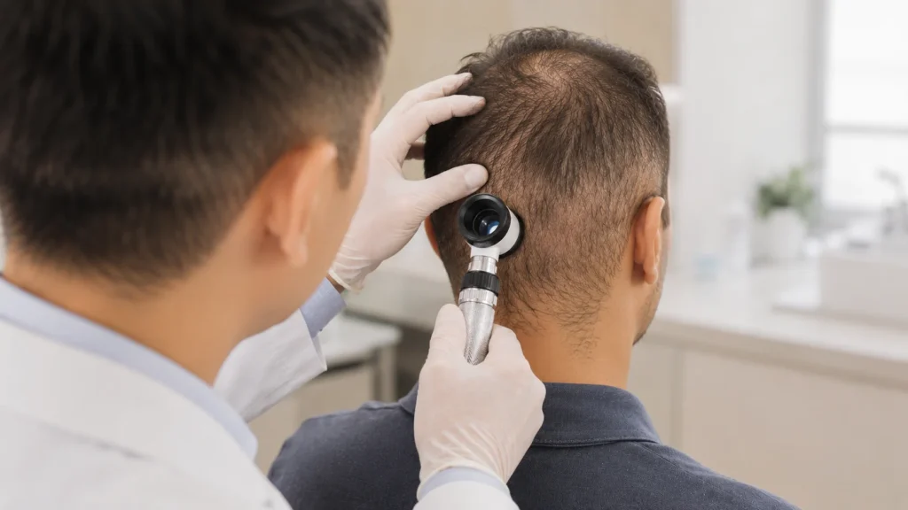 image of plastic surgeon examining not enough donor hair for transplant candidacy