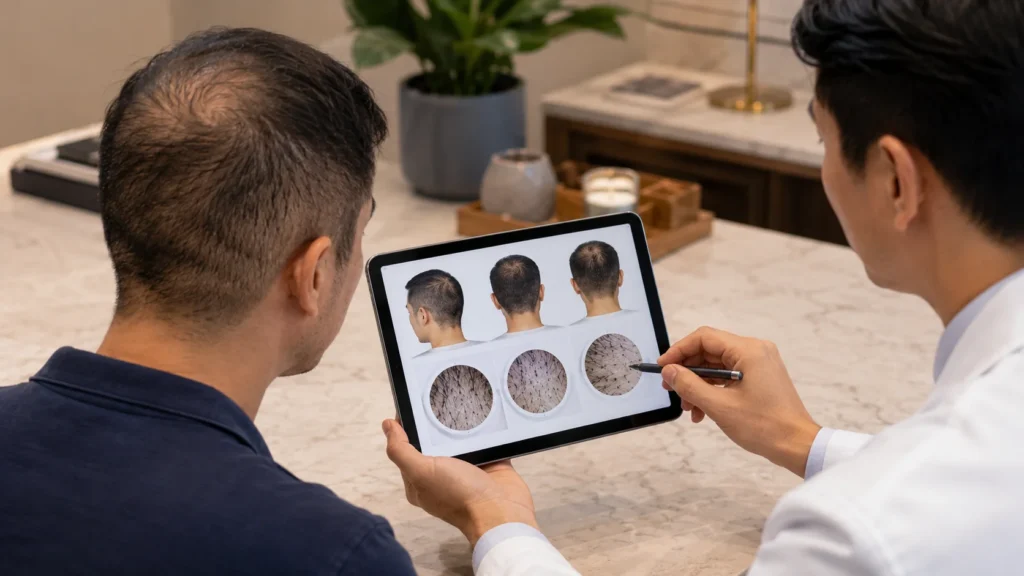 image of plastic surgeon reviewing scalp donor density results with patient