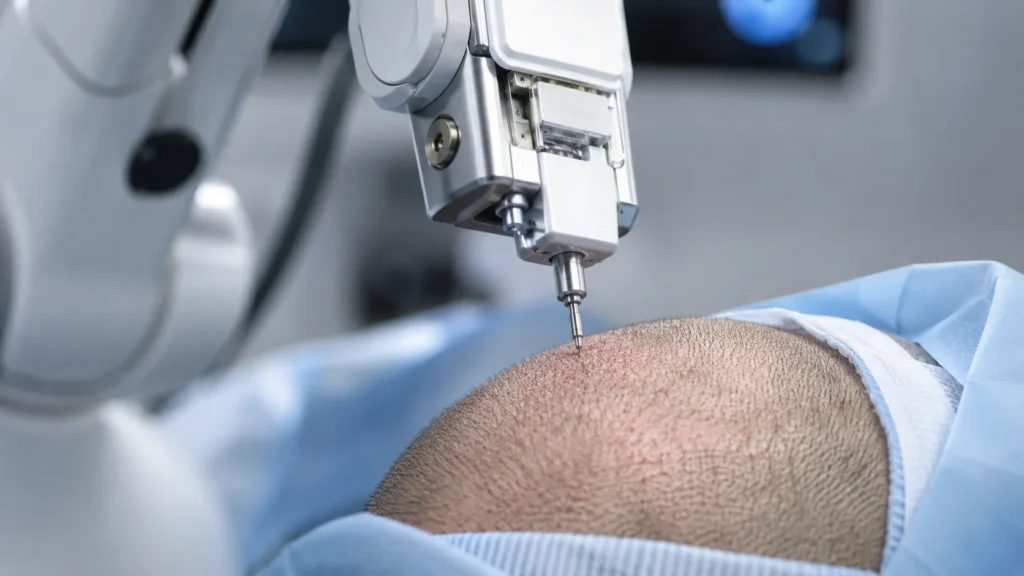 image of robotic FUE device performing precise hair follicle extraction for transplant