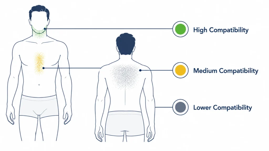 infographic of body donor hair zones showing beard, chest, and back compatibility